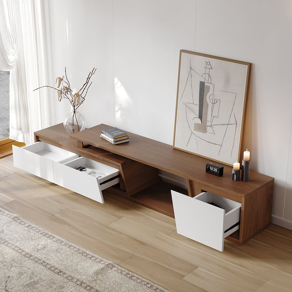 Japandi White & Walnut Extendable TV Stand - Japandi