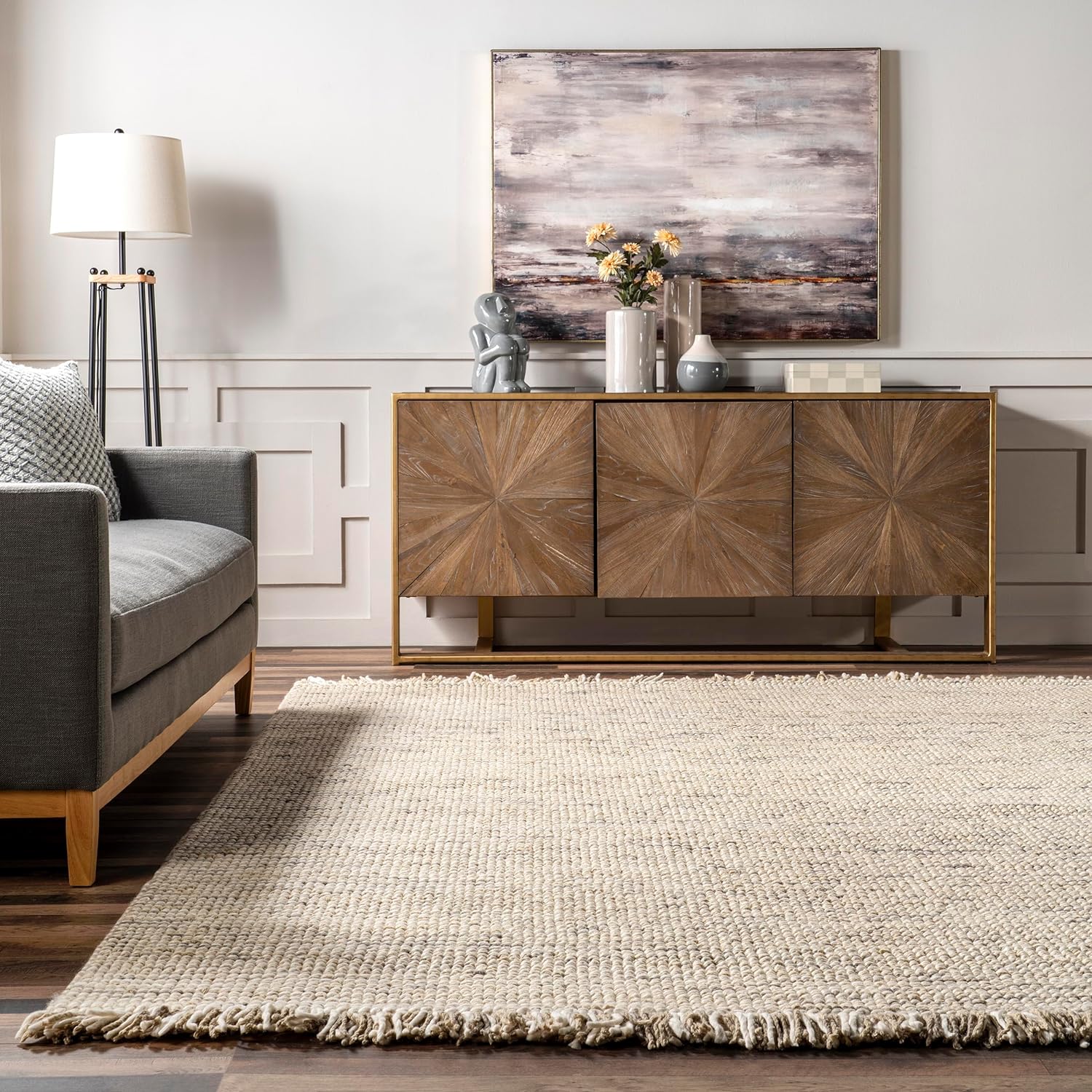 Japandi Beige Wool Tasseled Rug - Japandi