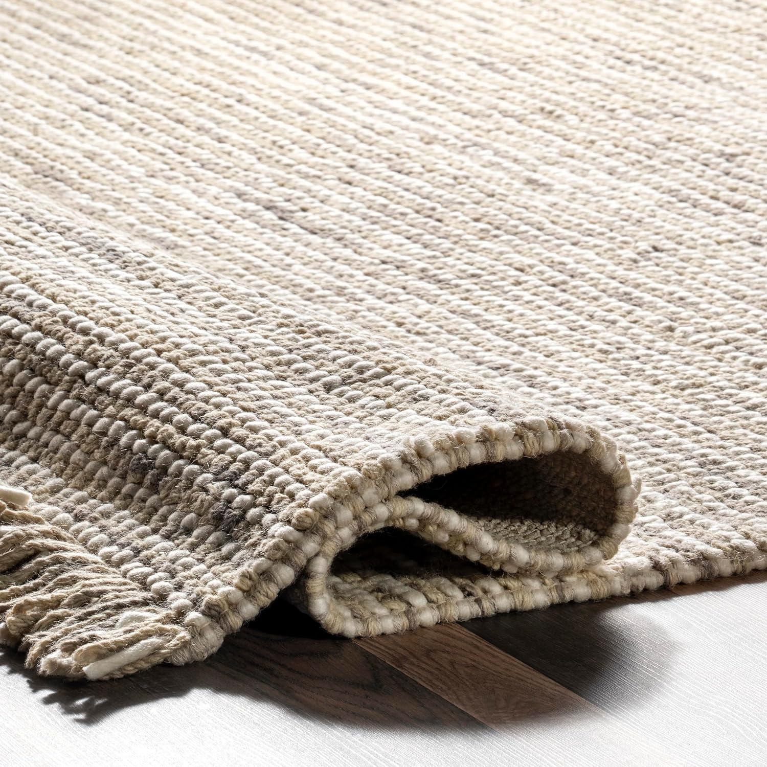 Japandi Beige Wool Tasseled Rug - Japandi