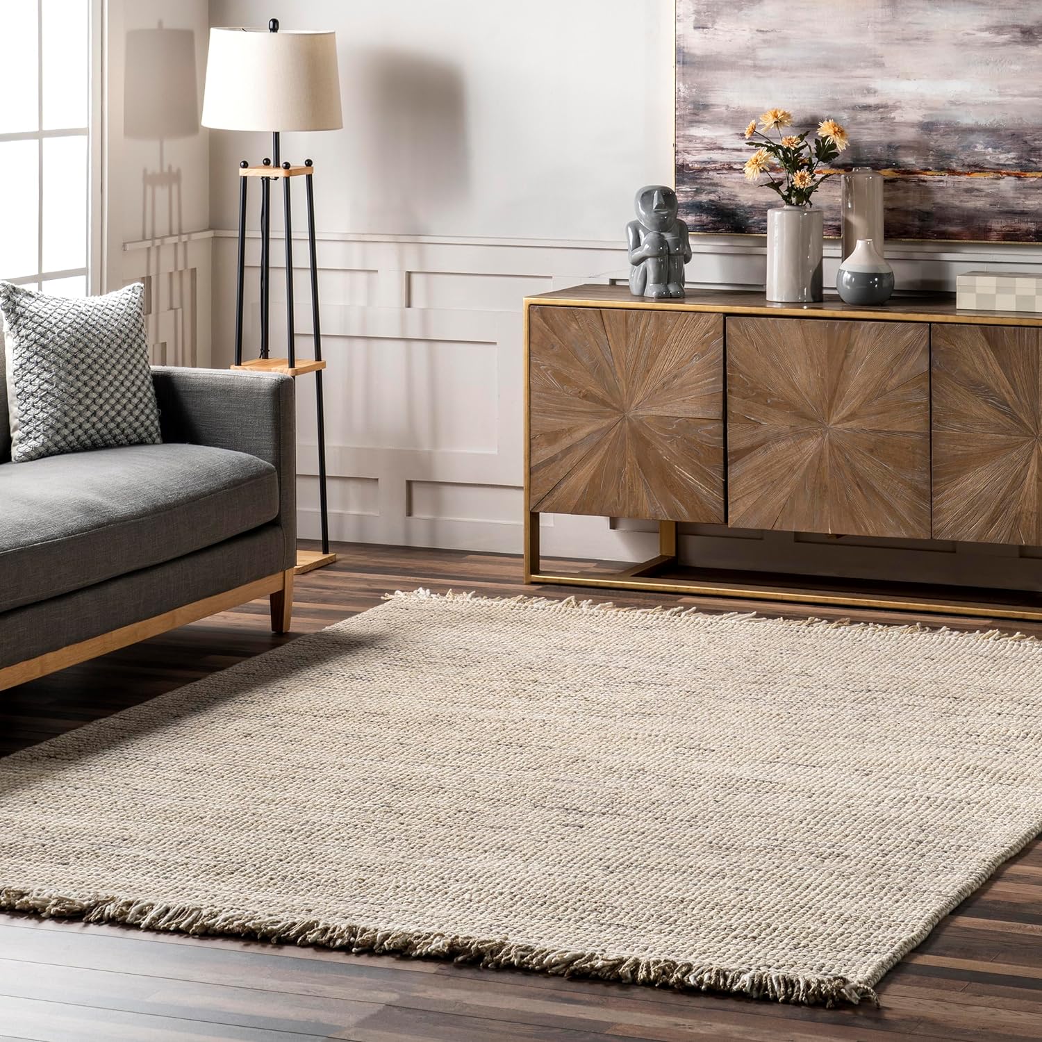 Japandi Beige Wool Tasseled Rug - Japandi