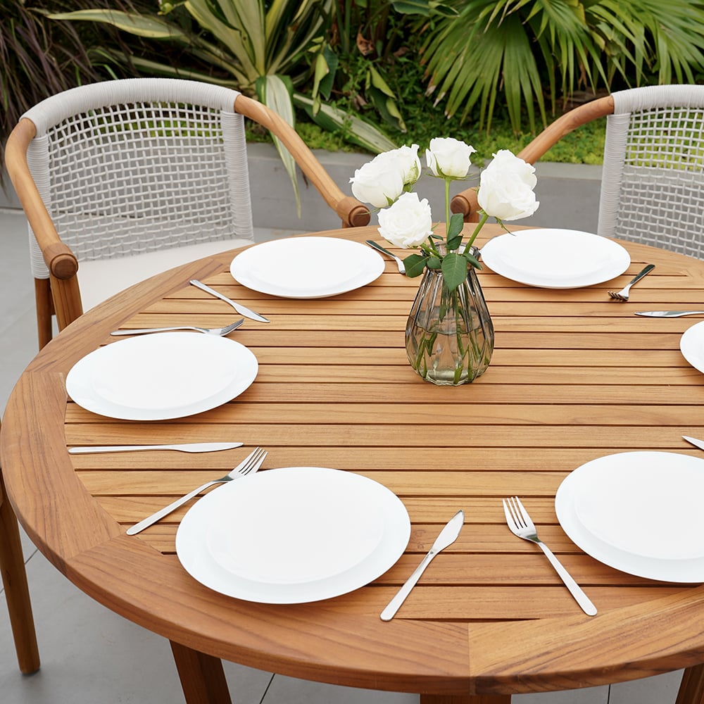 Japandi 7-Piece Round Wood Outdoor Dining Set With Chairs - Japandi