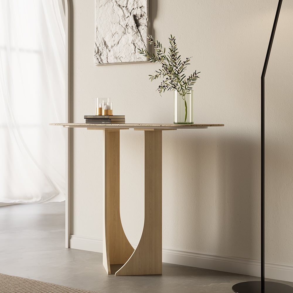 Japandi Oval Travertine Console Table - Japandi