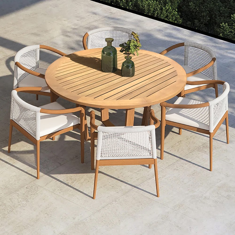 Japandi 7-Piece Round Wood Outdoor Dining Set With Chairs - Japandi