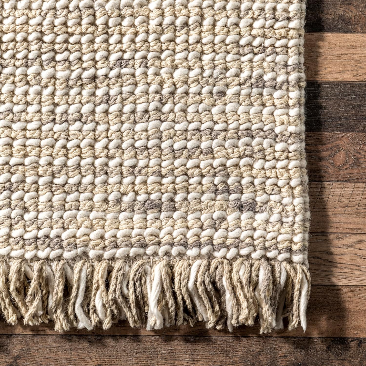 Japandi Beige Wool Tasseled Rug - Japandi