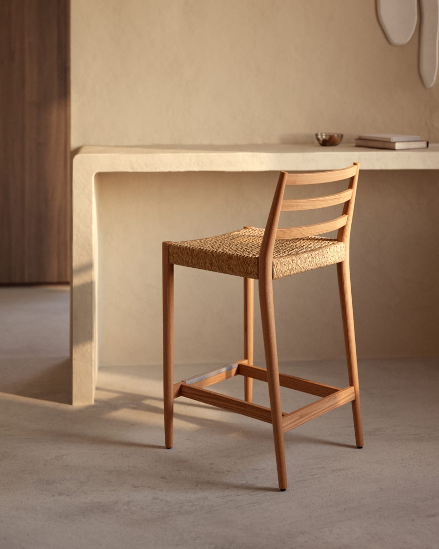 Japandi Wooden Stool Chair with Woven Rope Seat - Japandi