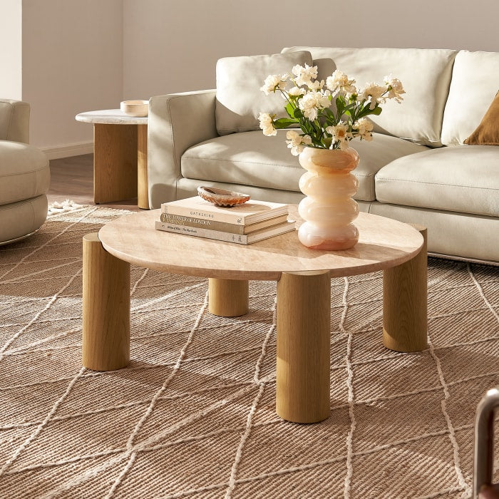 Japandi Travertine Round Coffee Table - Japandi