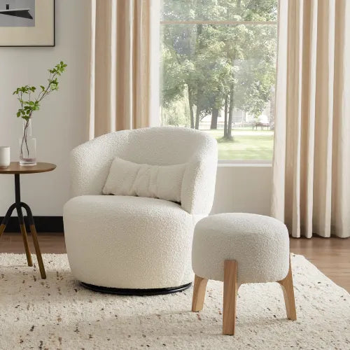 Japandi Wood & Boucle Ottoman - Japandi