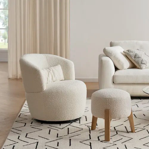 Japandi Wood & Boucle Ottoman - Japandi