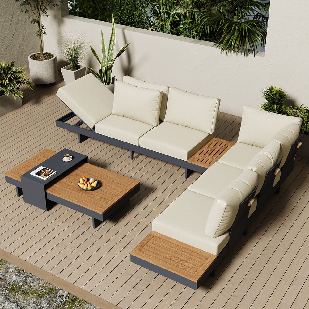 Japandi L-Shape Teak Sectional Sofa Set With Wood Coffee Table - Japandi