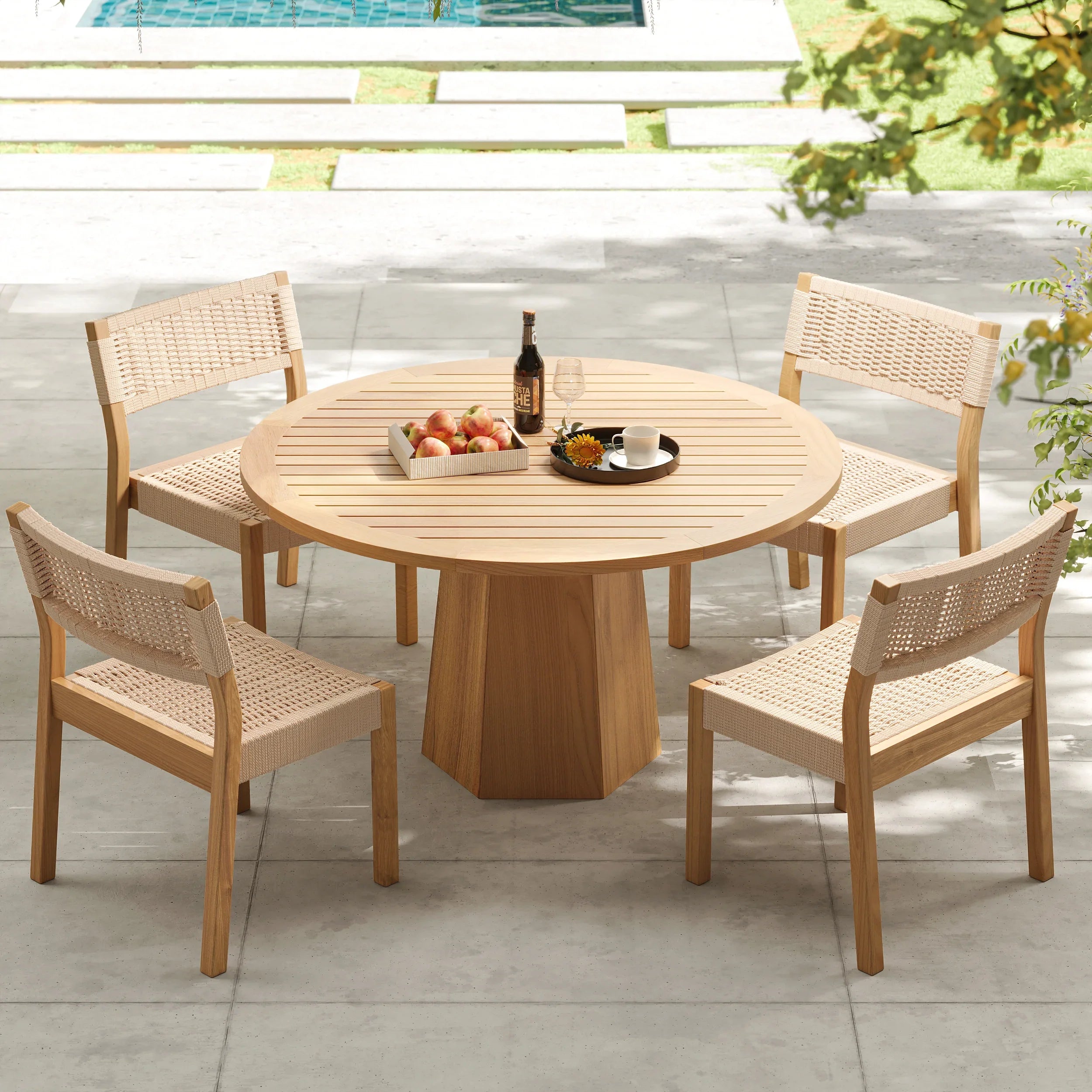 Japandi 5-Piece Teak Dining Set With Rope Woven Chairs - Japandi