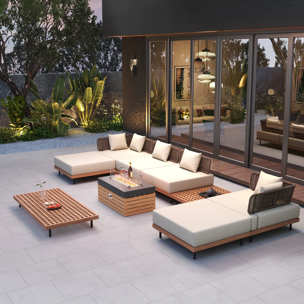 Japandi Propane Gas Fire Pit Table & Beige Outdoor Sectional Sofa Set - Japandi