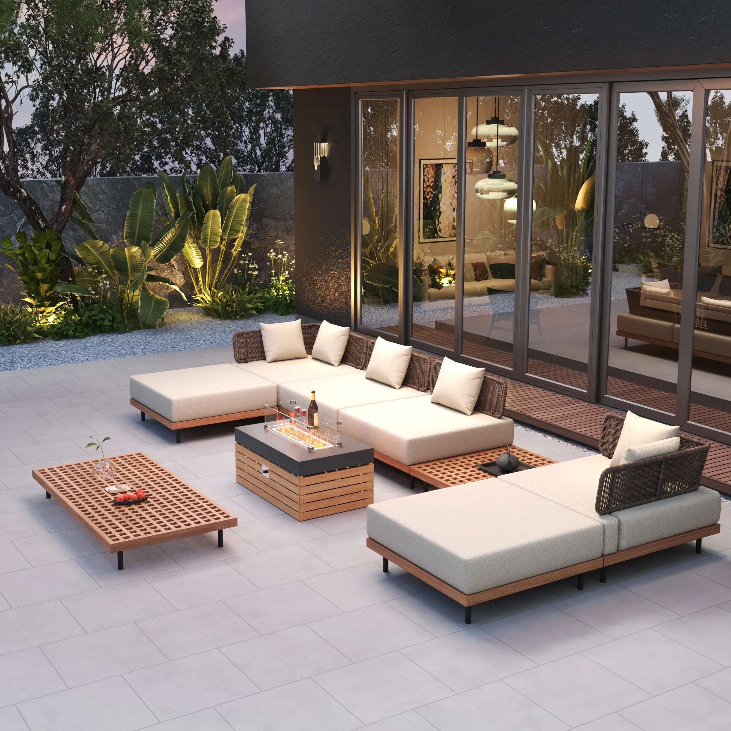 Japandi Propane Gas Fire Pit Table & Beige Outdoor Sectional Sofa Set - Japandi
