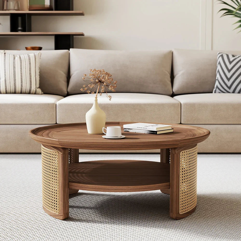 Japandi Round Walnut Wood Coffee Table - Japandi