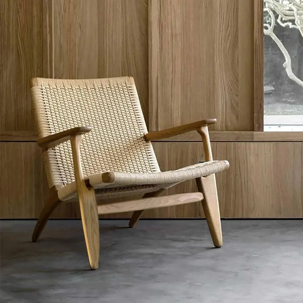 Japandi Solid Wood Lounge Chair With Woven Rope Back & Seat - Japandi