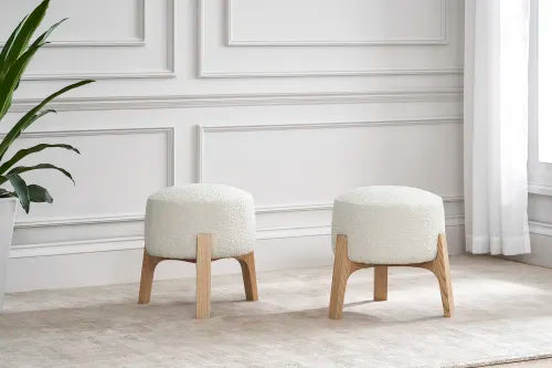 Japandi Wood & Boucle Ottoman - Japandi