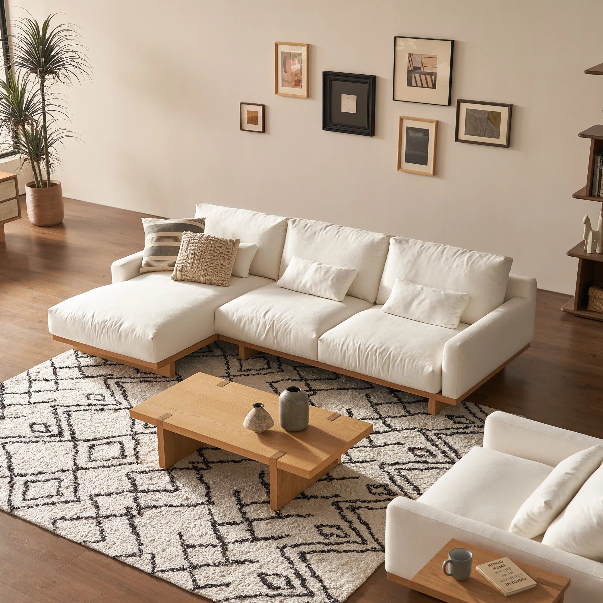 Japandi Fabric & Wood Chaise Sectional Sofa - Japandi