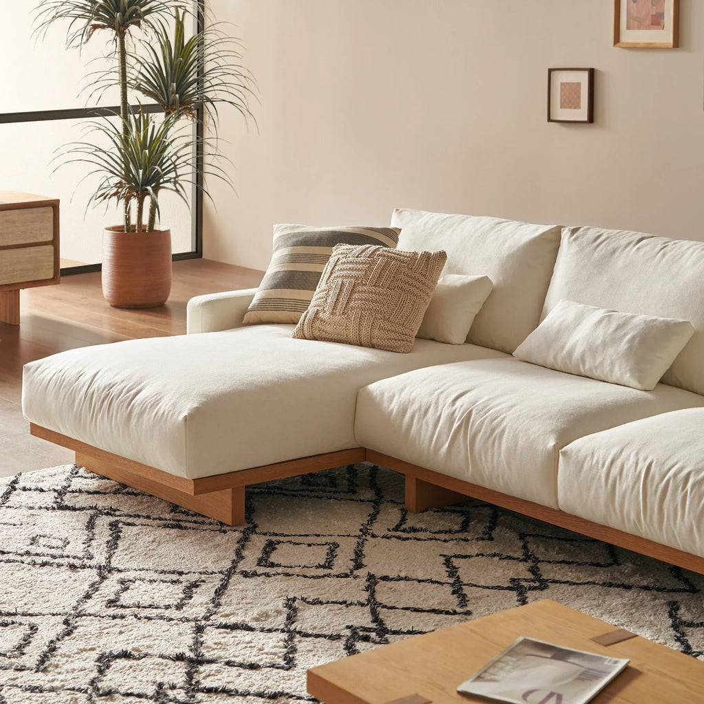 Japandi Fabric & Wood Chaise Sectional Sofa - Japandi