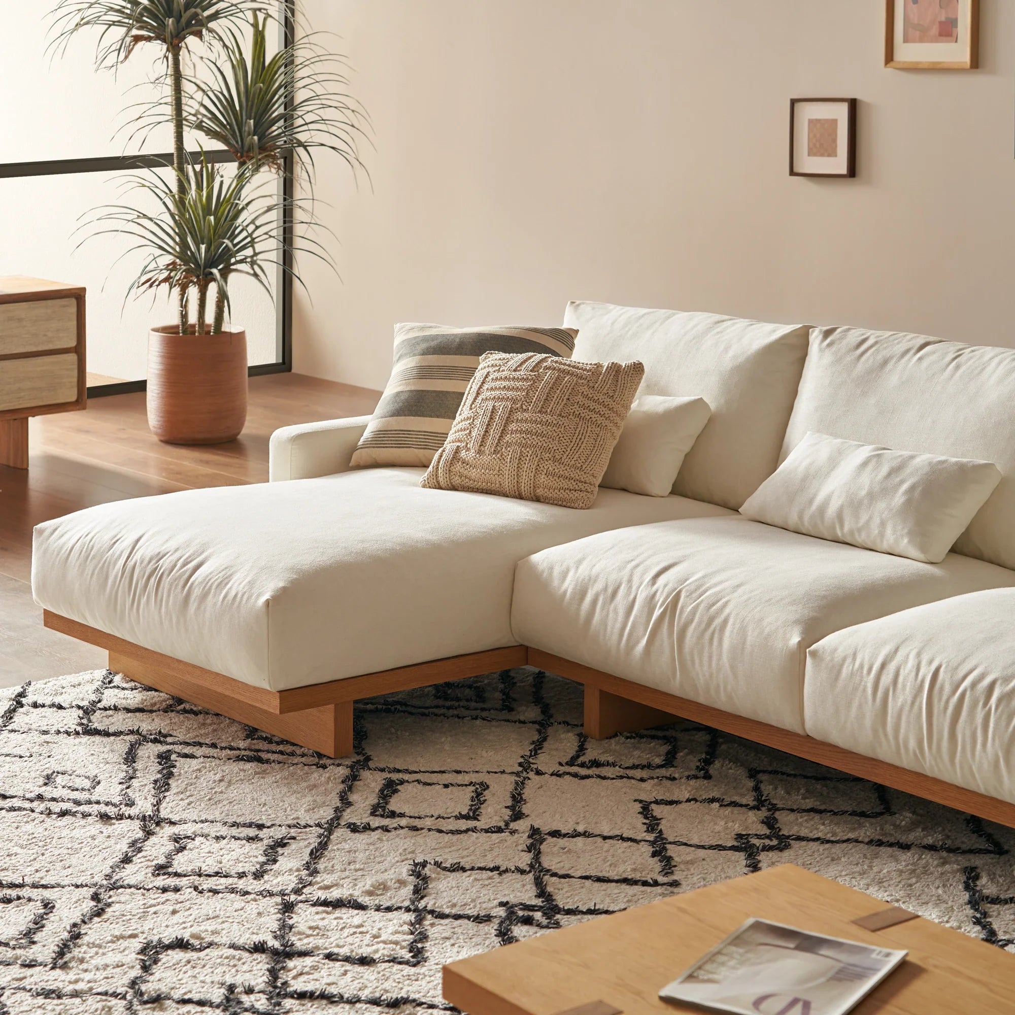 Japandi Fabric & Wood Chaise Sectional Sofa - Japandi