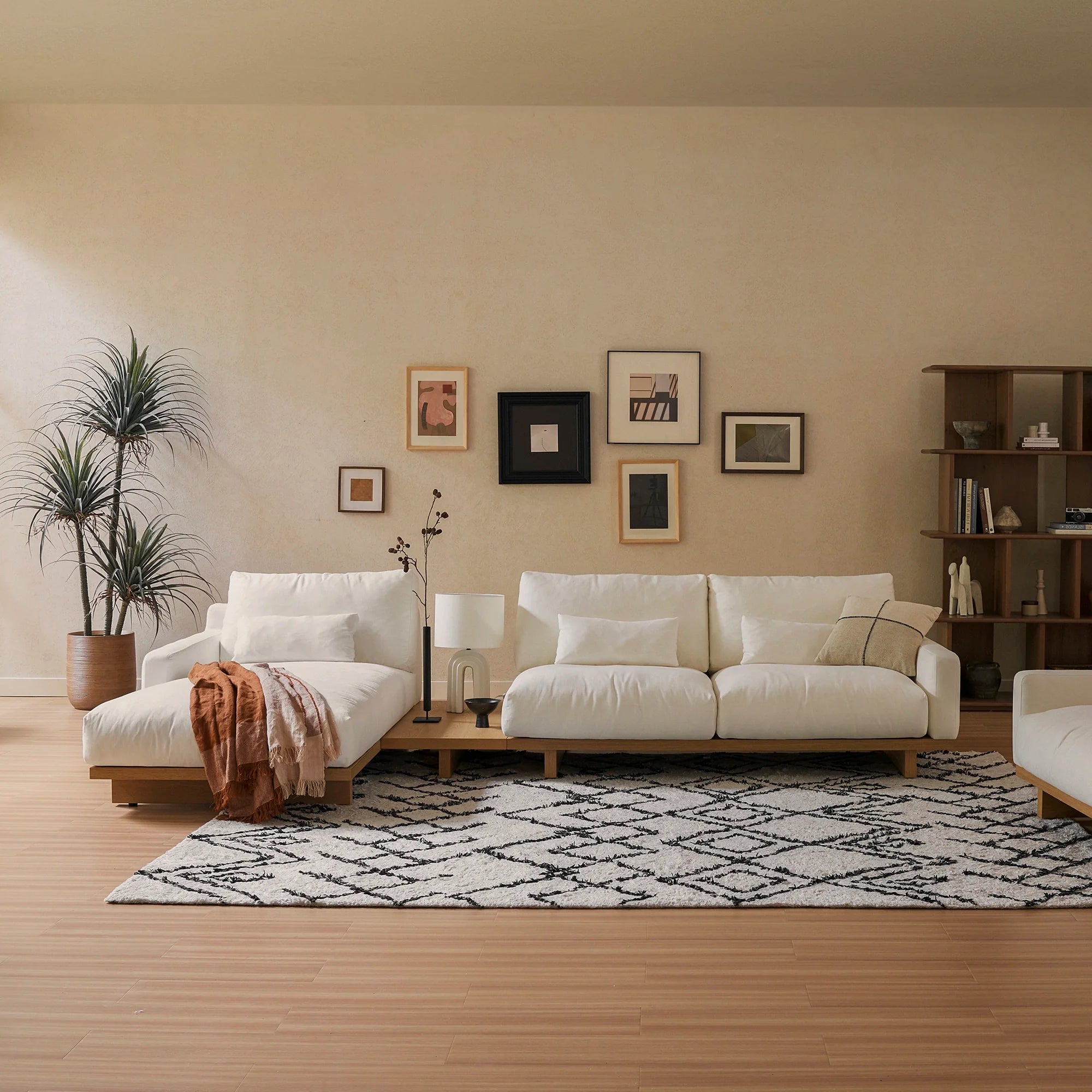 Japandi Fabric & Wood Chaise Sectional Sofa - Japandi