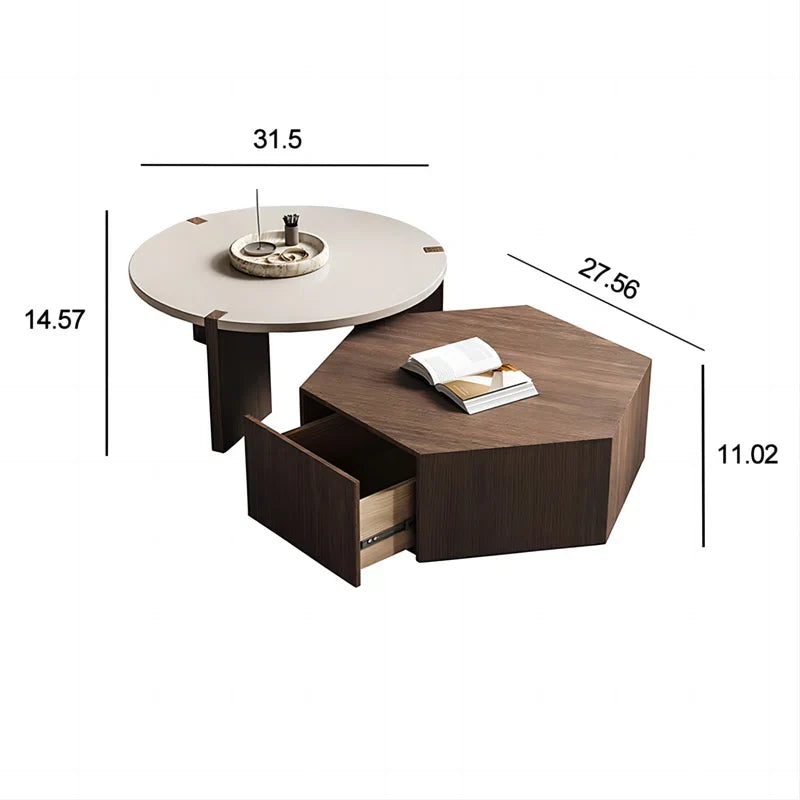 Wood Nesting Coffee Table with Drawer - Pompilie - Japandi