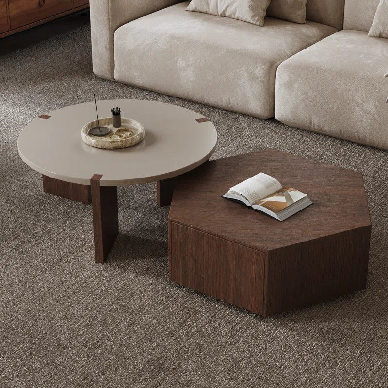 Wood Nesting Coffee Table with Drawer - Pompilie - Japandi