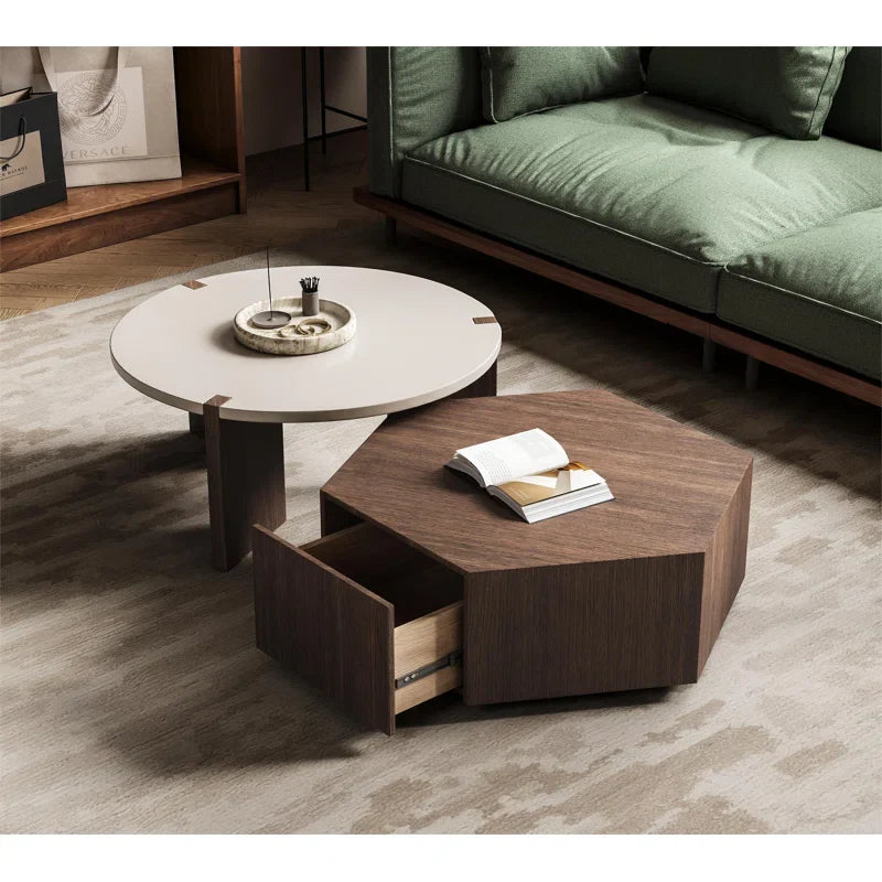 Wood Nesting Coffee Table with Drawer - Pompilie - Japandi