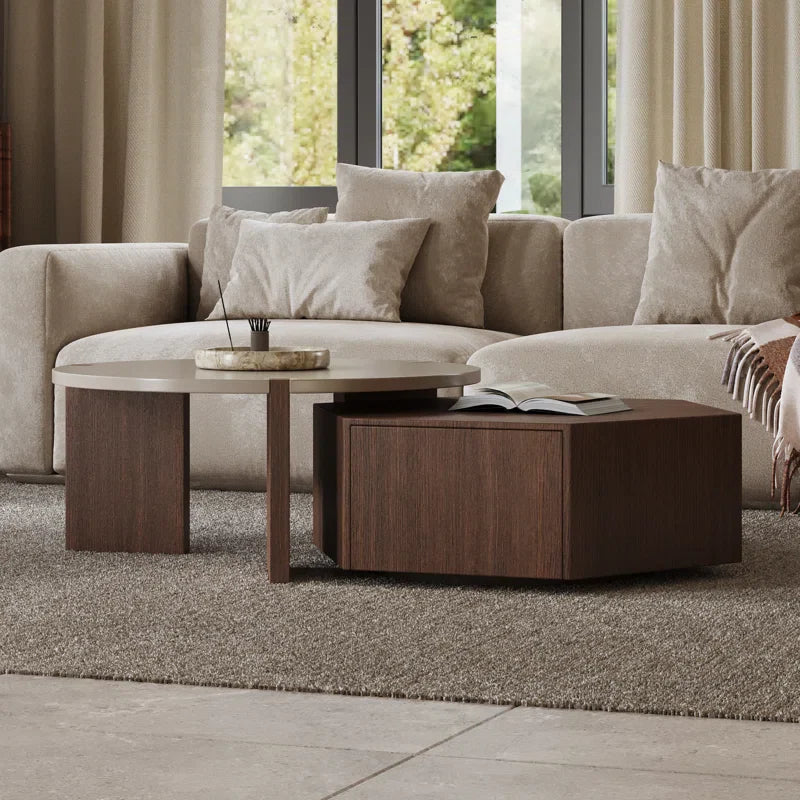 Wood Nesting Coffee Table with Drawer - Pompilie - Japandi