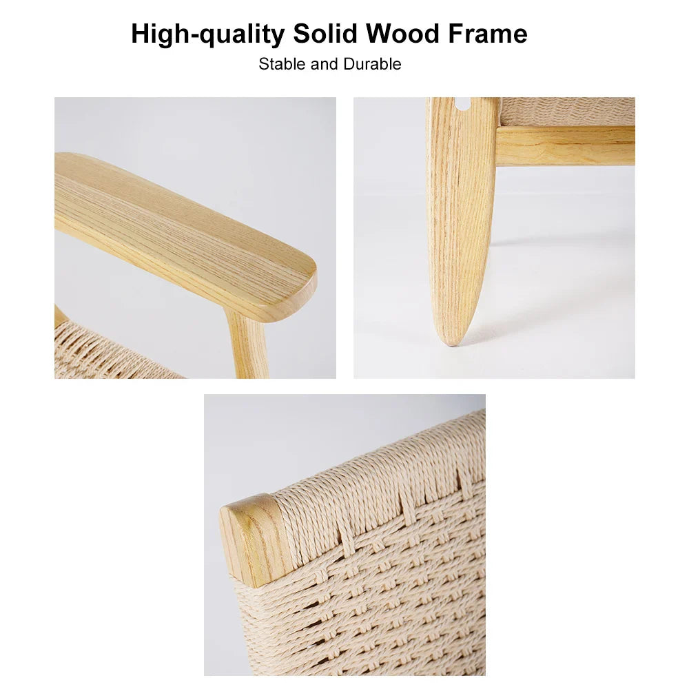 Japandi Solid Wood Lounge Chair With Woven Rope Back & Seat - Japandi