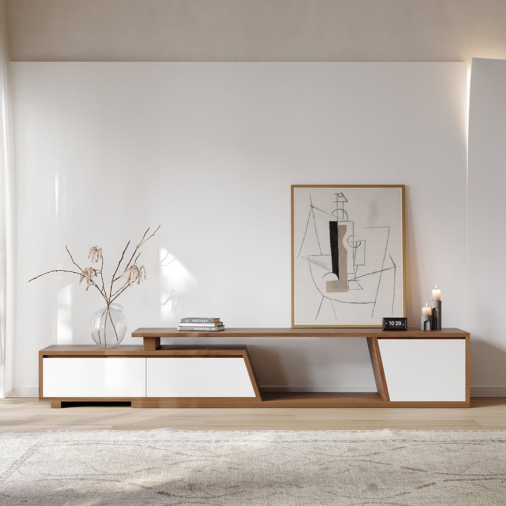 Japandi White & Walnut Extendable TV Stand - Japandi