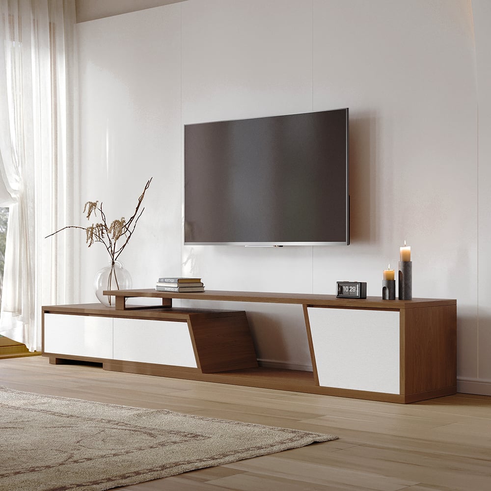 Japandi White & Walnut Extendable TV Stand - Japandi