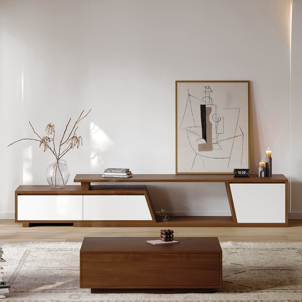 Japandi White & Walnut Extendable TV Stand - Japandi