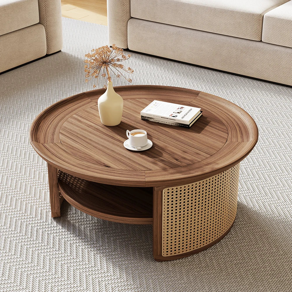 Japandi Round Walnut Wood Coffee Table - Japandi