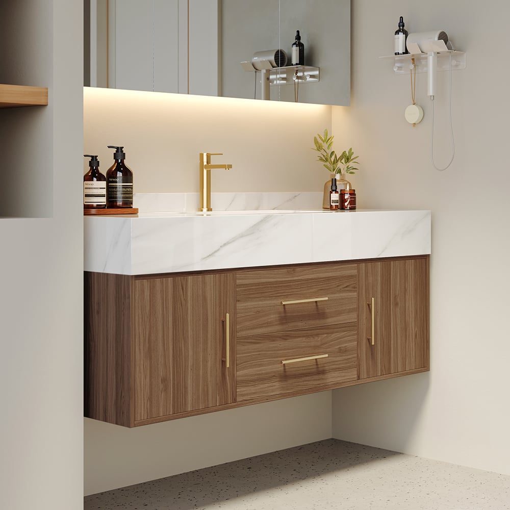 Japandi Walnut Floating Bathroom Vanity - Japandi