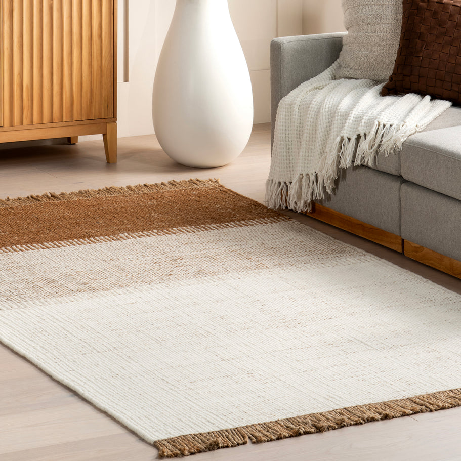 Japandi Rust Striped Fringed Rug - Japandi