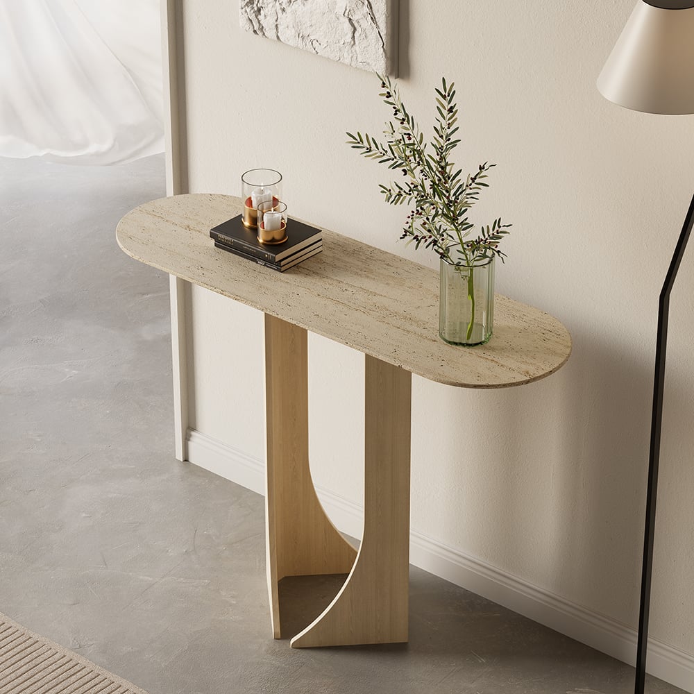 Japandi Oval Travertine Console Table - Japandi