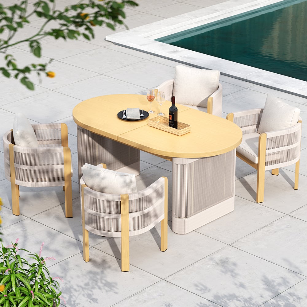 Japandi Aluminum Outdoor Dining Set With Extendable Table and Woven Chairs - Japandi