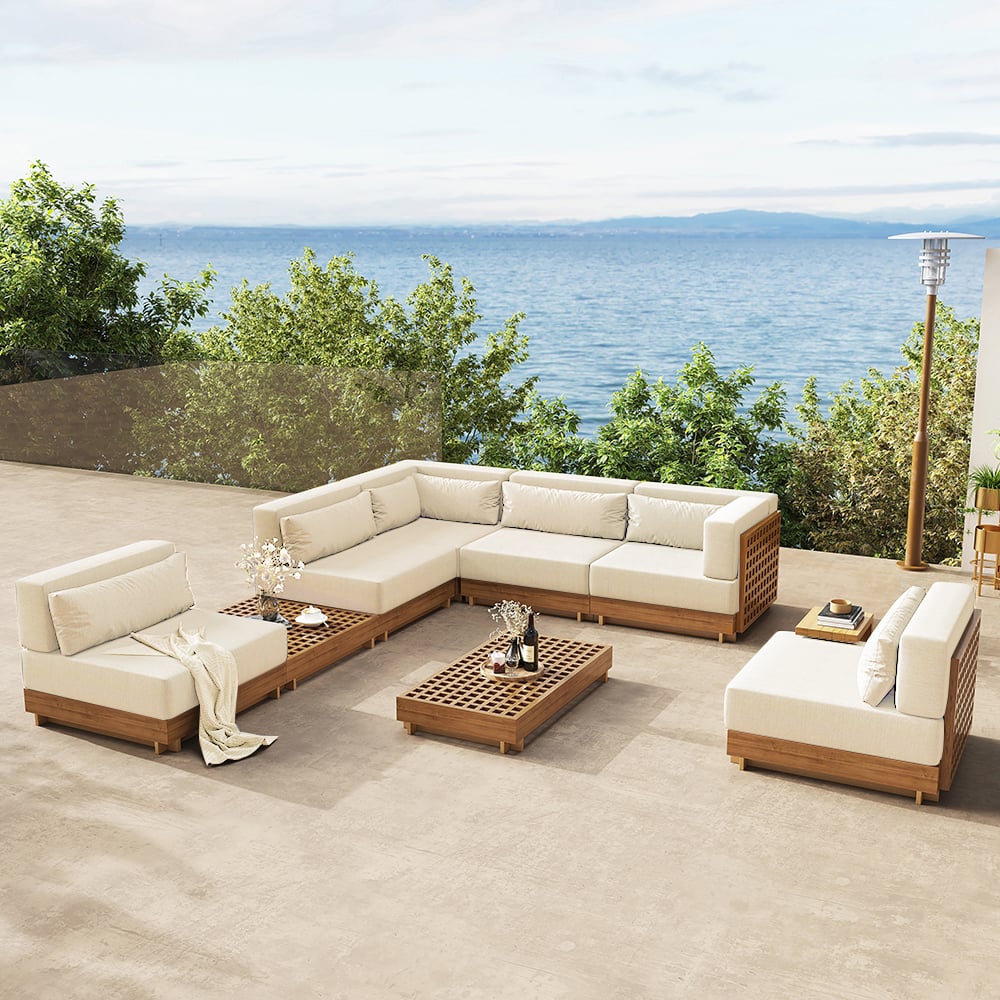 Japandi 9-Piece Teak Patio Modular Sofa Set Cushions and Table - Japandi