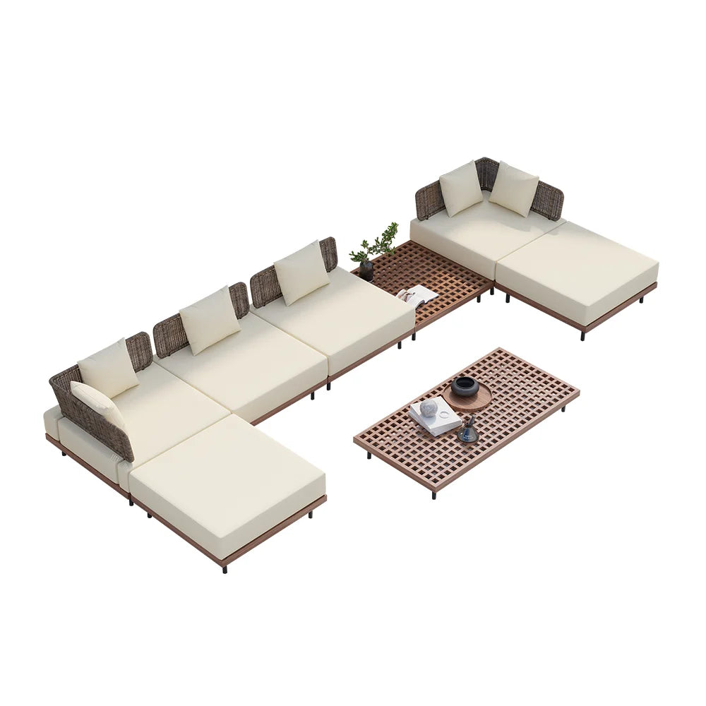 Japandi Propane Gas Fire Pit Table & Beige Outdoor Sectional Sofa Set - Japandi