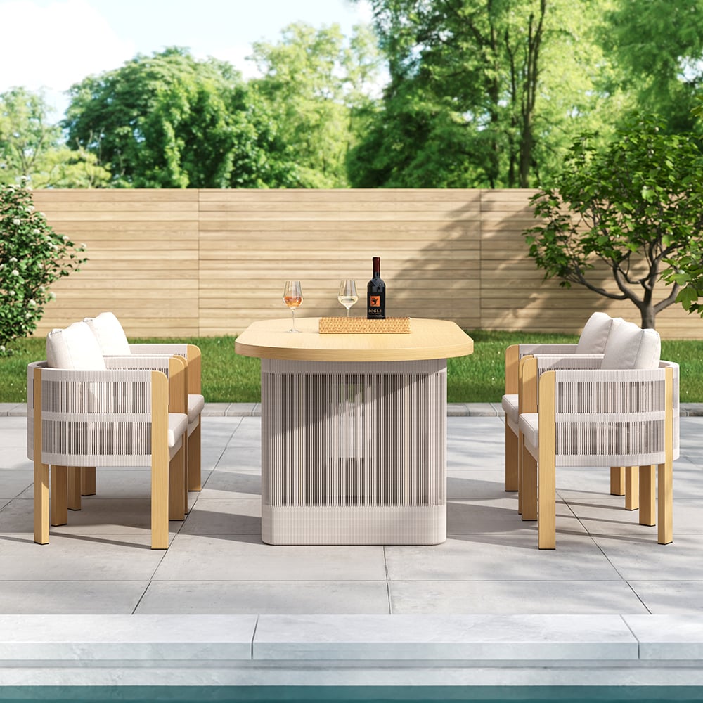Japandi Aluminum Outdoor Dining Set With Extendable Table and Woven Chairs - Japandi