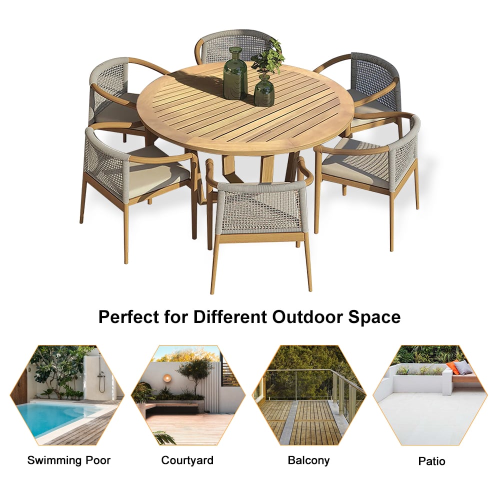 Japandi 7-Piece Round Wood Outdoor Dining Set With Chairs - Japandi
