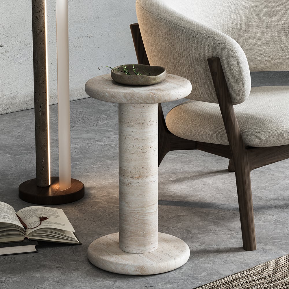 Japandi Travertine Side Table - Japandi