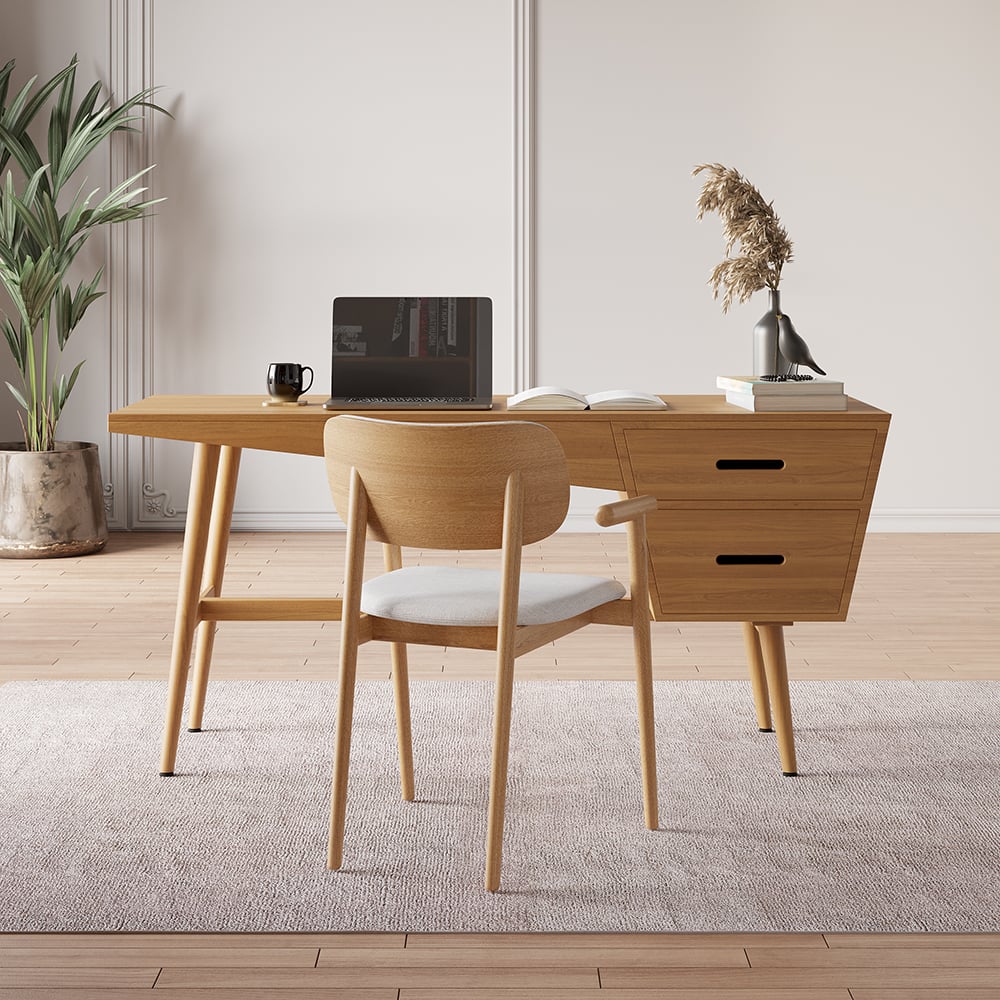 Japandi Wood Desk with 2 Drawers - Japandi