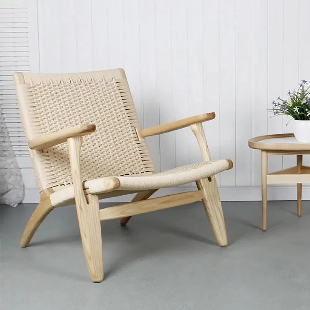 Japandi Solid Wood Lounge Chair With Woven Rope Back & Seat - Japandi