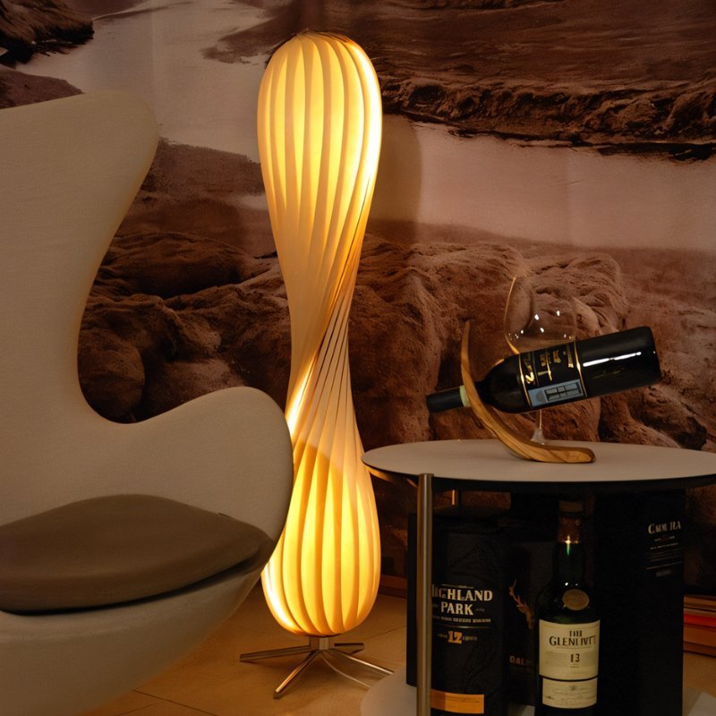 Japandi Curved Brass & Fabric Shade Floor Lamp – Modern Twist - Japandi