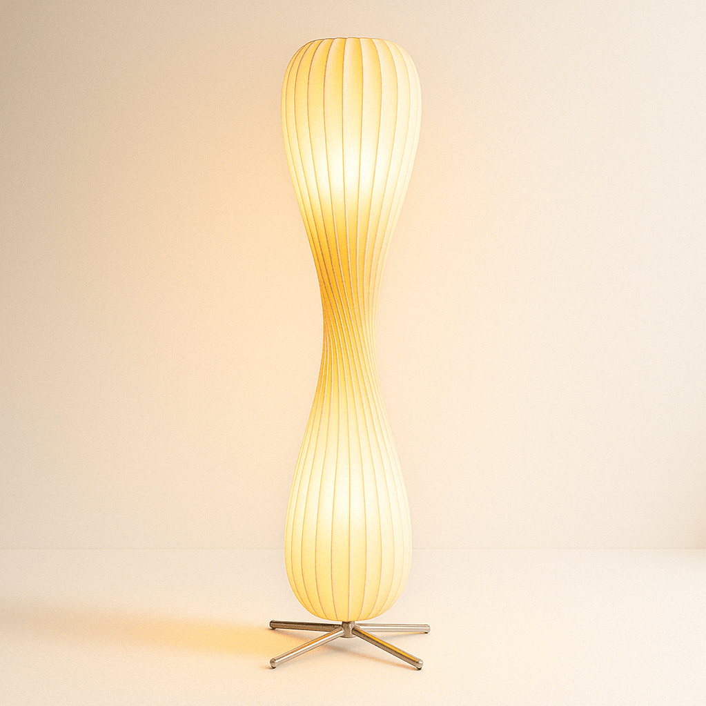 Japandi Curved Brass & Fabric Shade Floor Lamp – Modern Twist - Japandi