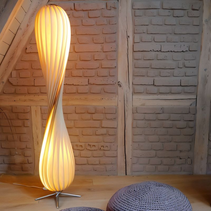 Japandi Curved Brass & Fabric Shade Floor Lamp – Modern Twist - Japandi