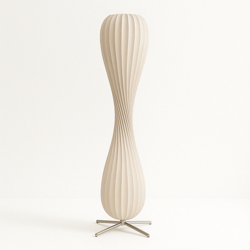 Japandi Curved Brass & Fabric Shade Floor Lamp – Modern Twist - Japandi