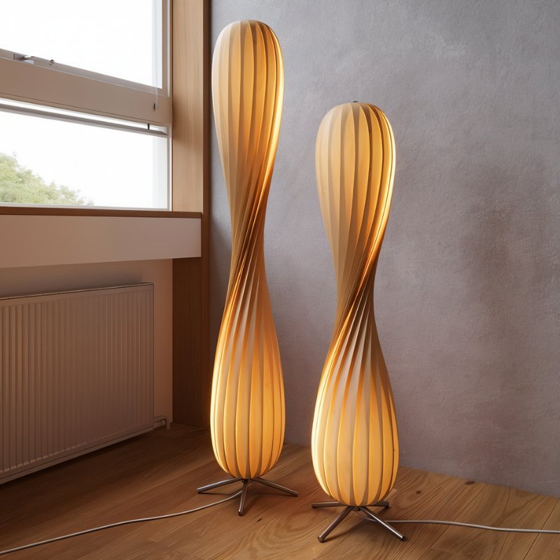 Japandi Curved Brass & Fabric Shade Floor Lamp – Modern Twist - Japandi