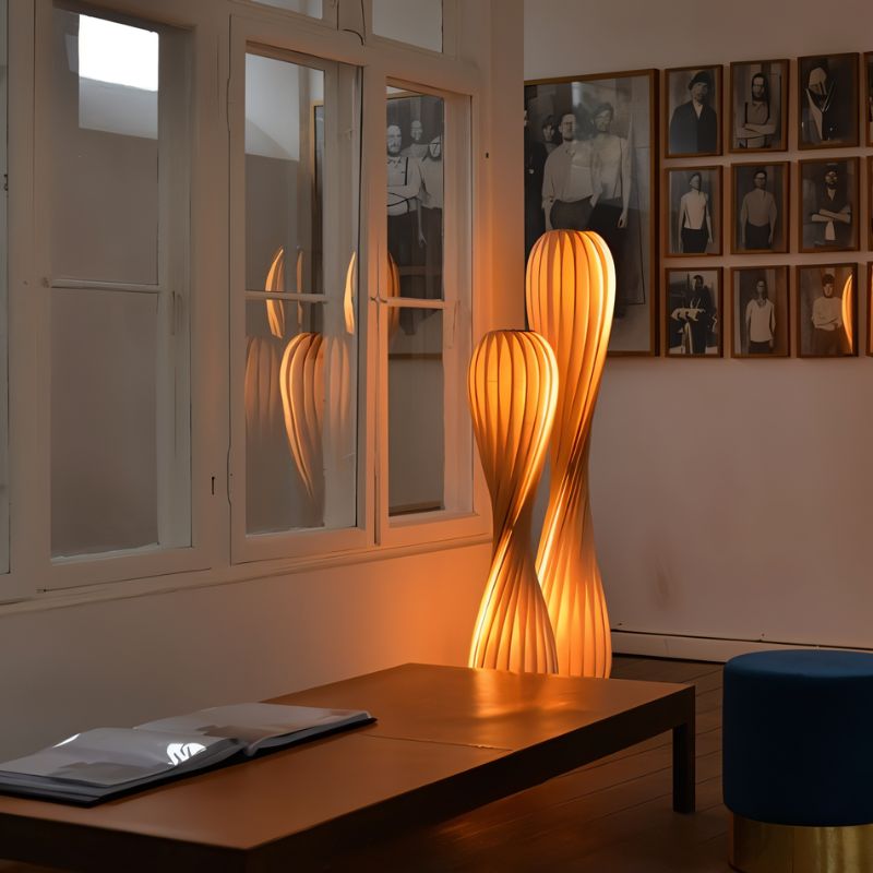 Japandi Curved Brass & Fabric Shade Floor Lamp – Modern Twist - Japandi