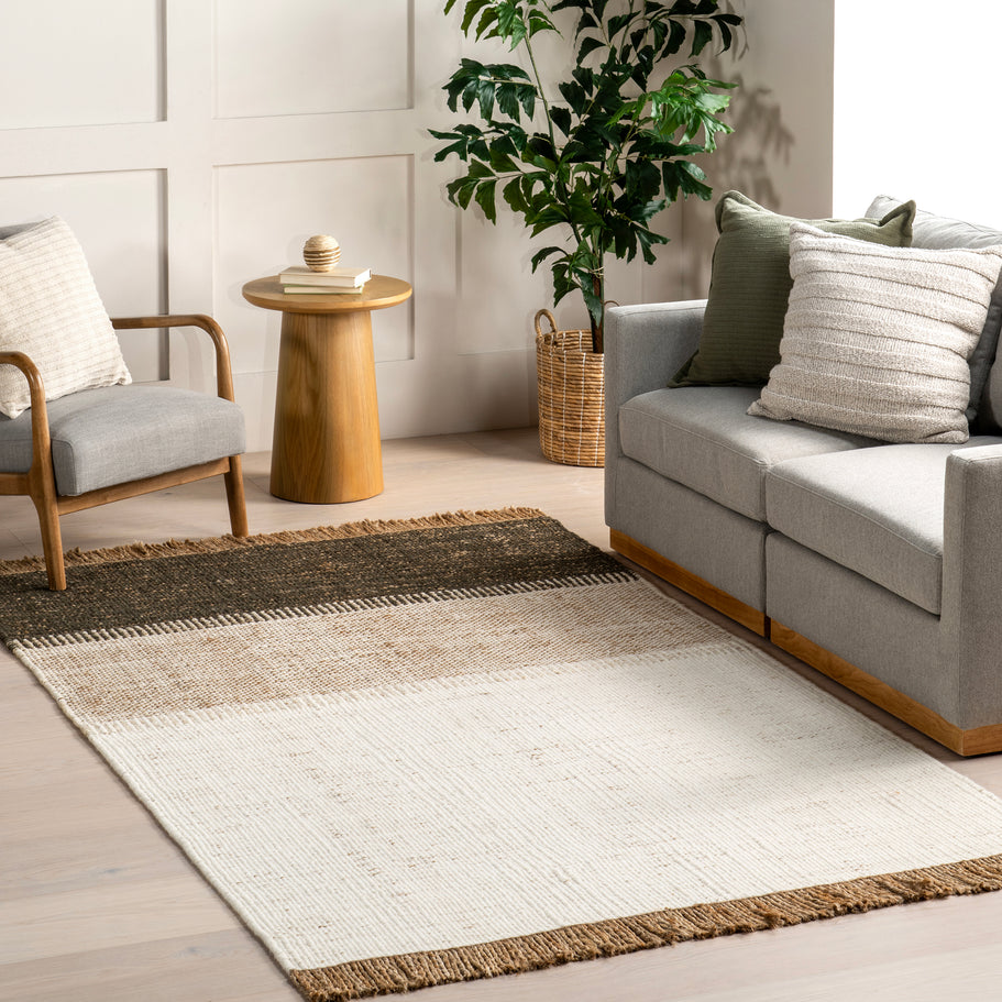 Japandi Rust Striped Fringed Rug - Japandi